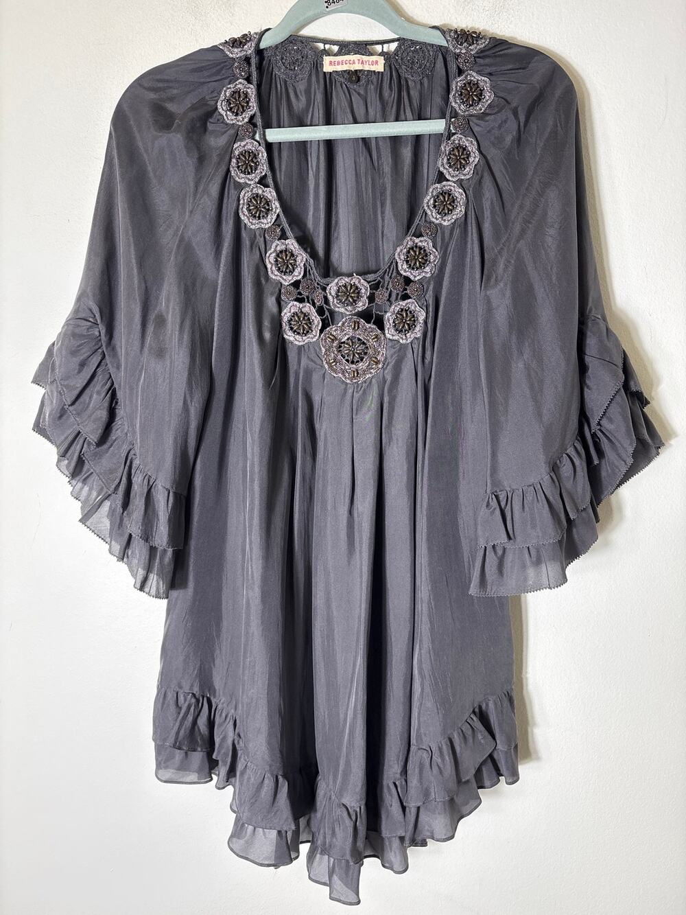 Rebecca Taylor Silk Embellished Ruffled Blouse Gray Sz 4